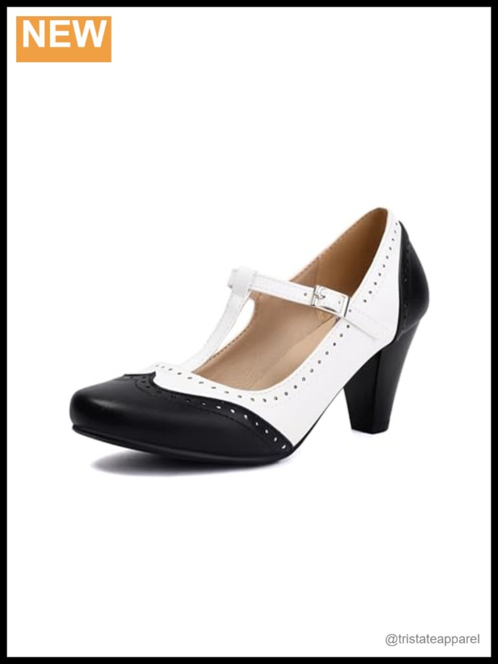 Women's Mary Jane Two Tone Retro Oxford Pump Block Heel Ankle Strap Dress Shoes